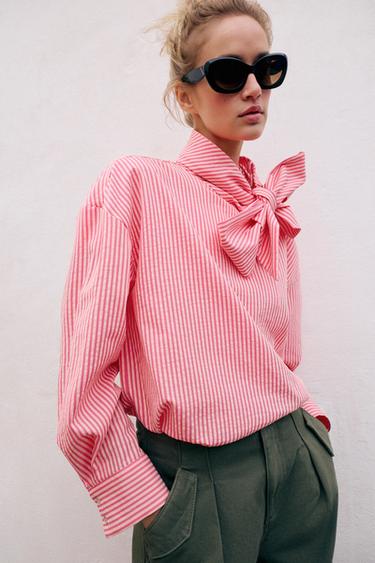 Zara TIED STRIPED SHIRT - Pink