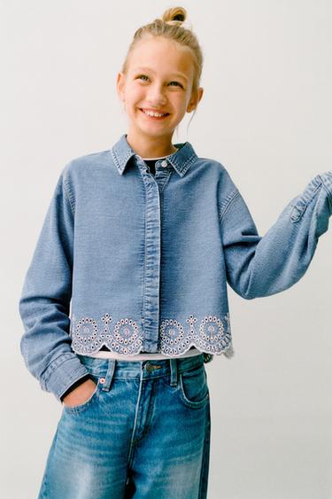 Zara SCHIFFLY HEM DENIM SHIRT - Blue