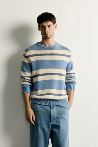 Zara WASHED STRIPED JACQUARD REGULAR FIT SWEATER - Blue