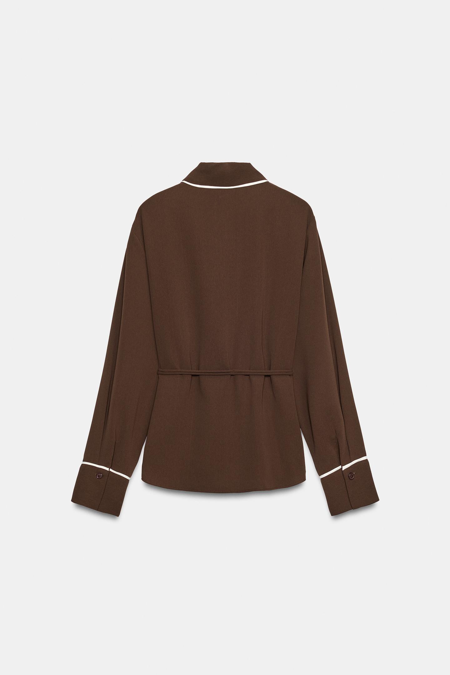 Женская рубашка Zara Contrast Trim, цвет: Коричневый — фото 3