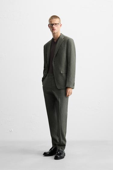 BLAZER DE COSTUME PIED-DE-POULE MÉLANGE LIN - Vert / Écru de Zara - Image 3