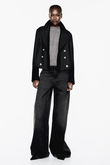 УКОРОЧЕННОЕ ДВУБОРТНОЕ ПАЛЬТО ИЗ СМЕСОВОЙ ШЕРСТИ — ЧЕРНЫЙ от Zara — изображение 0