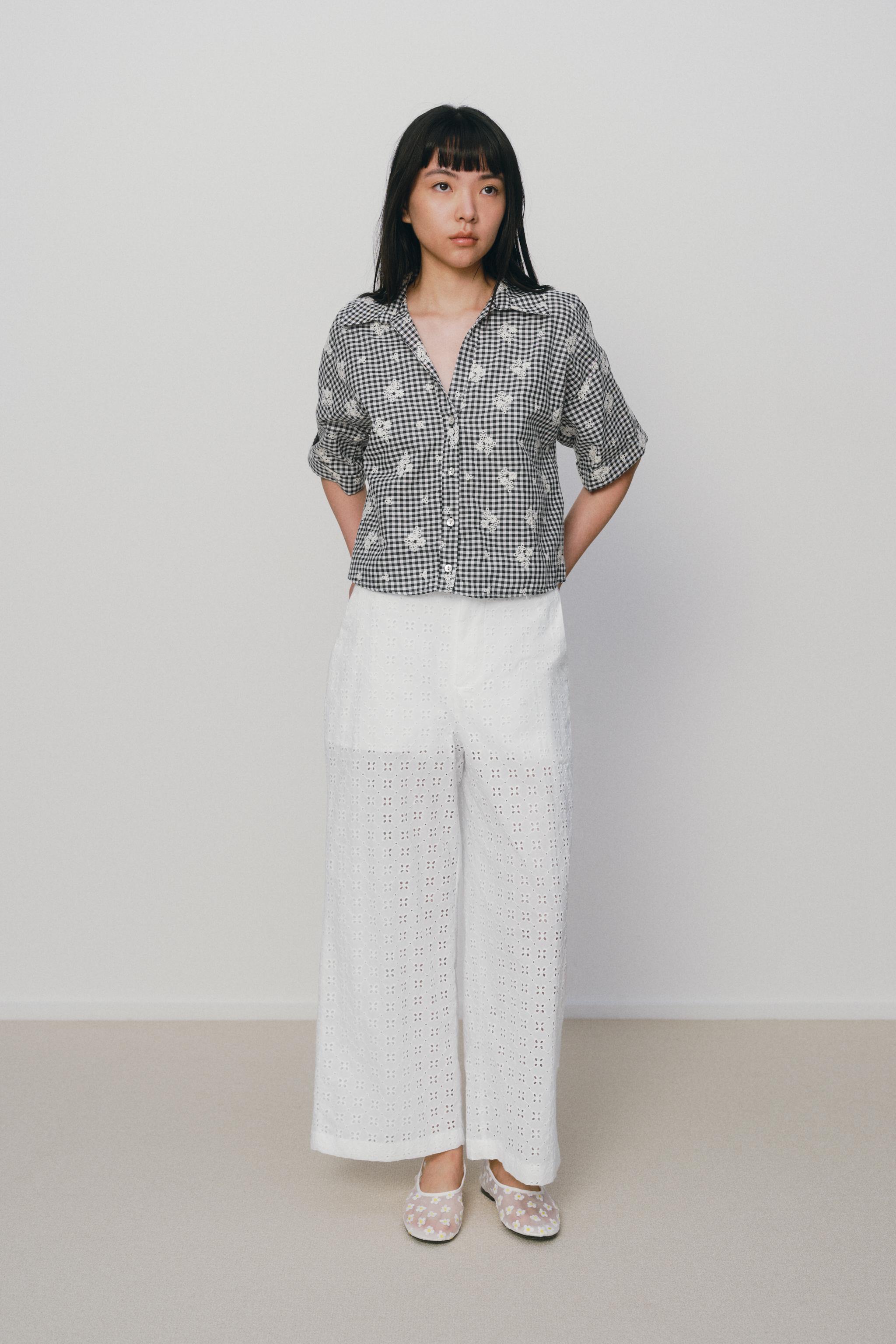 ギンガムチェック柄刺繍入りシャツ - エクリュ/ブルー | ZARA