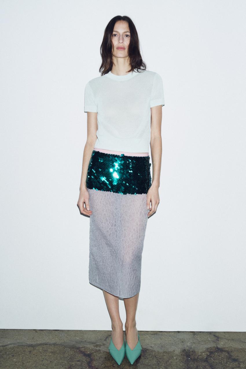 ZARA Grey Seamless Co-ord Set Cut Out Gathered Top & High Waist Midi Skirt  M-L