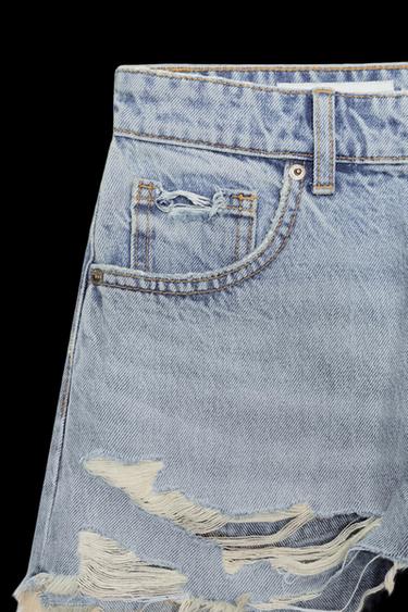 Zara TRF CURVED HIGH-WAISTED DENIM SHORTS - Light blue