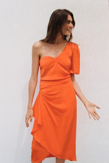 ASYMMETRIC SATIN MIDI DRESS - Orange by Zara