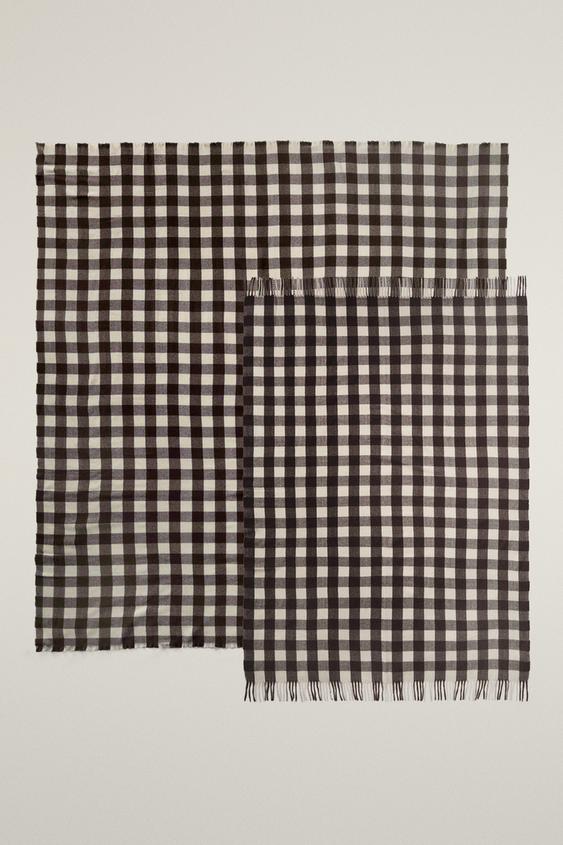 CHECK AND FRINGE BLANKET - Brown by Zara - Image 0