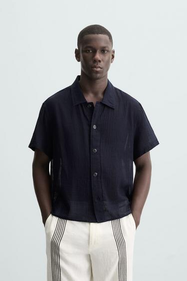 CAMISA JACQUARD CUADROS - Azul de Zara