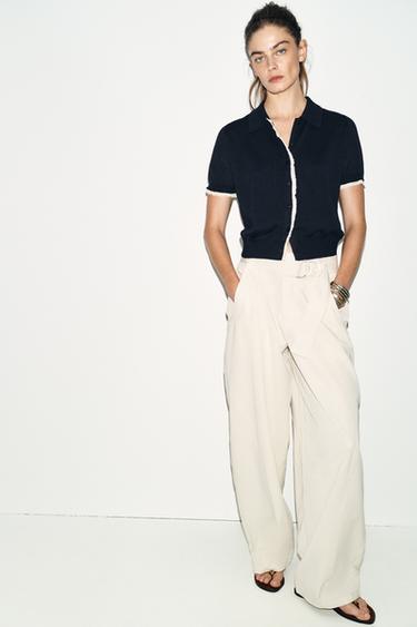 SHORT SLEEVE KNIT CARDIGAN WITH LACE TRIM - Navy blue by Zara - Image 0