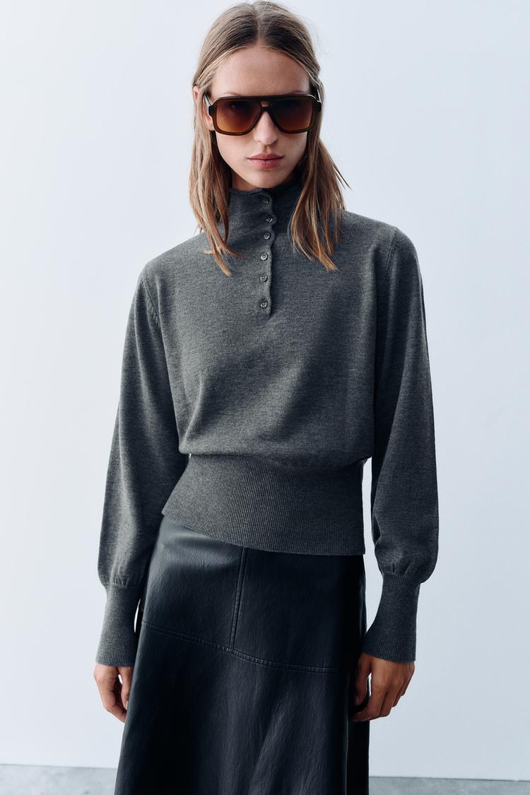 SUEDE KNIT JUMPER WITH HIGH NECK AND BUTTONS