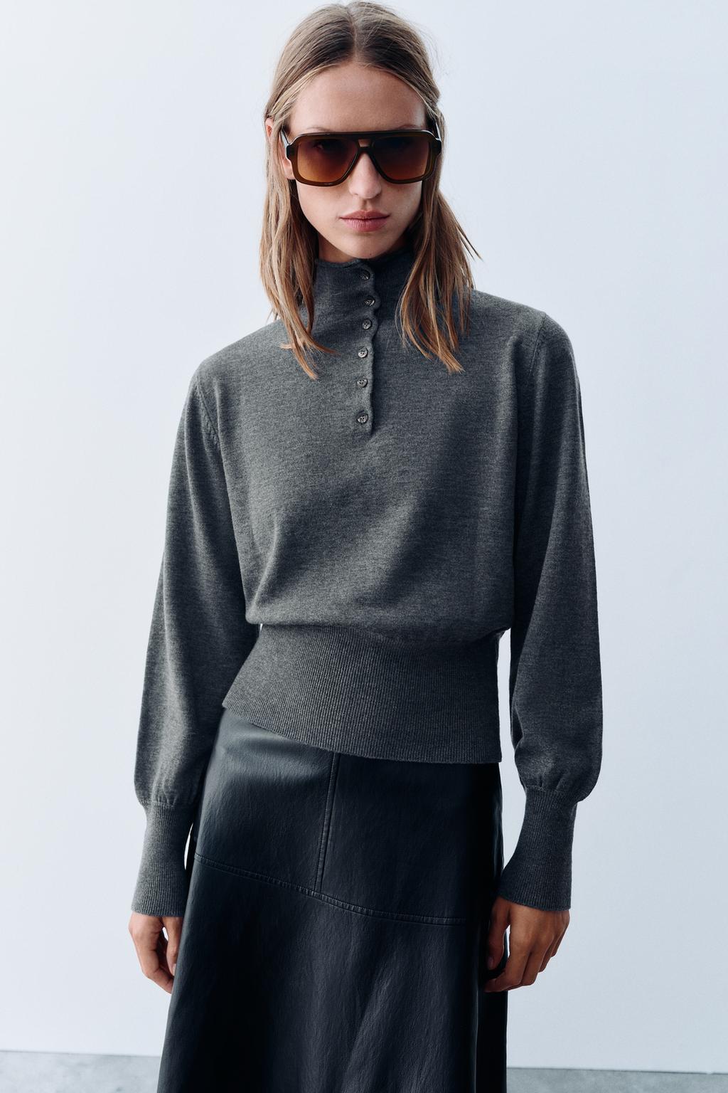 SUEDE KNIT JUMPER WITH HIGH NECK AND BUTTONS