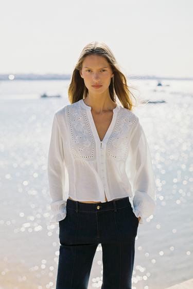 SHORT BLOUSE WITH CUTWORK EMBROIDERY - White by Zara