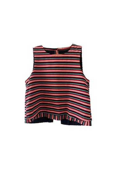 Red, white and black horizontal striped print sleeveless top on a white background.