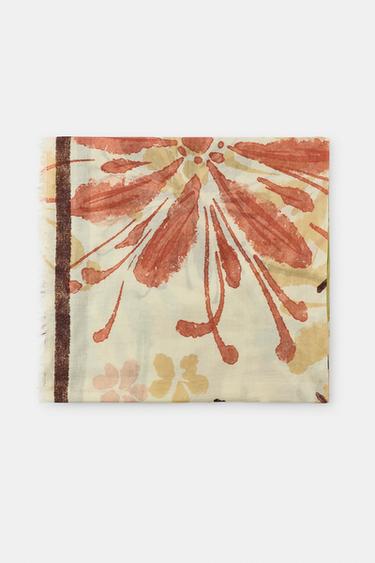 100% COTTON FLORAL PRINT SCARF - Sand by Zara