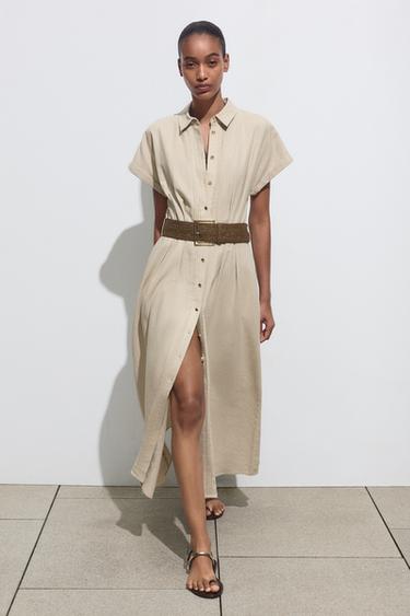 VESTIDO MIDI CINTURÓN CON LINO - Beige claro de Zara - Imagen 0