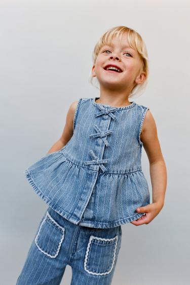 Zara STRIPED DENIM TOP - Mid-blue