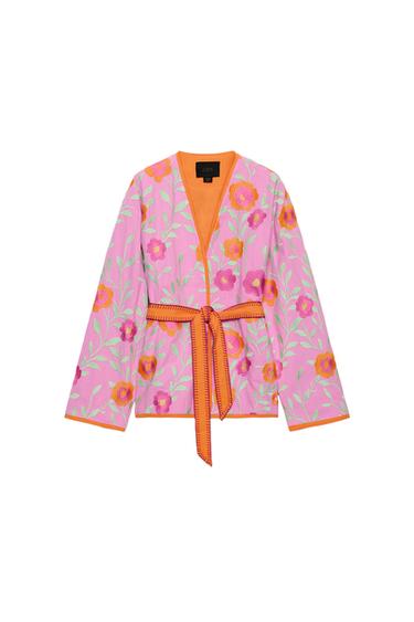 FLORAL EMBROIDERY BELTED KIMONO - Pink by Zara