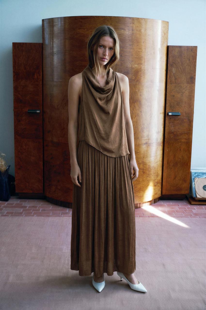 zara brown pleated dress SATIN MIDI Navy Blue Mermaid Bridesmaid Midi dress with a Size:15.5 Medium 32-33 Sleeve swatch:ecru-black-stripe