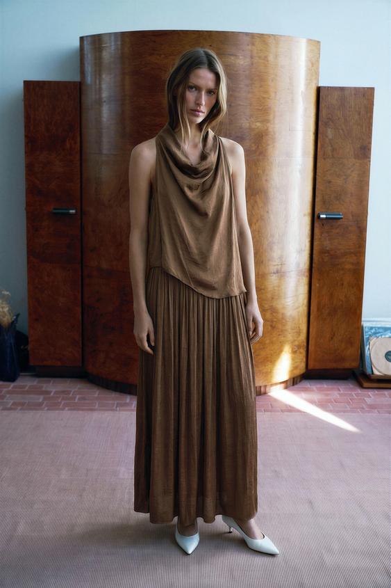 VESTIDO MIDI SATINADO - Marrón de Zara - Imagen 0