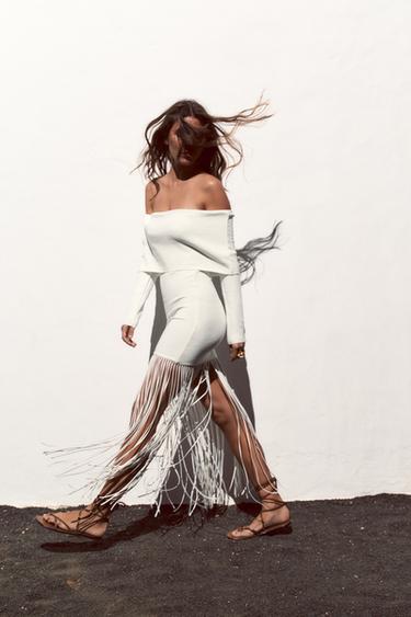 STRETCH KNIT FRINGED DRESS - White by Zara