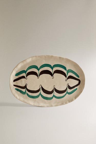 Zara PAINTED CERAMIC SERVING DISH X COLLAGERIE - Green / Ecru