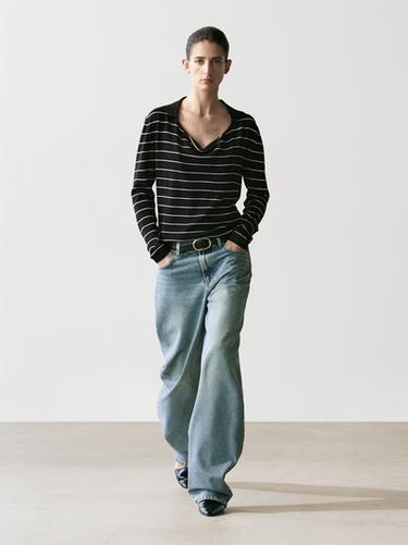 Zara Cotton striped knit polo sweater - Navy blue - Image 0