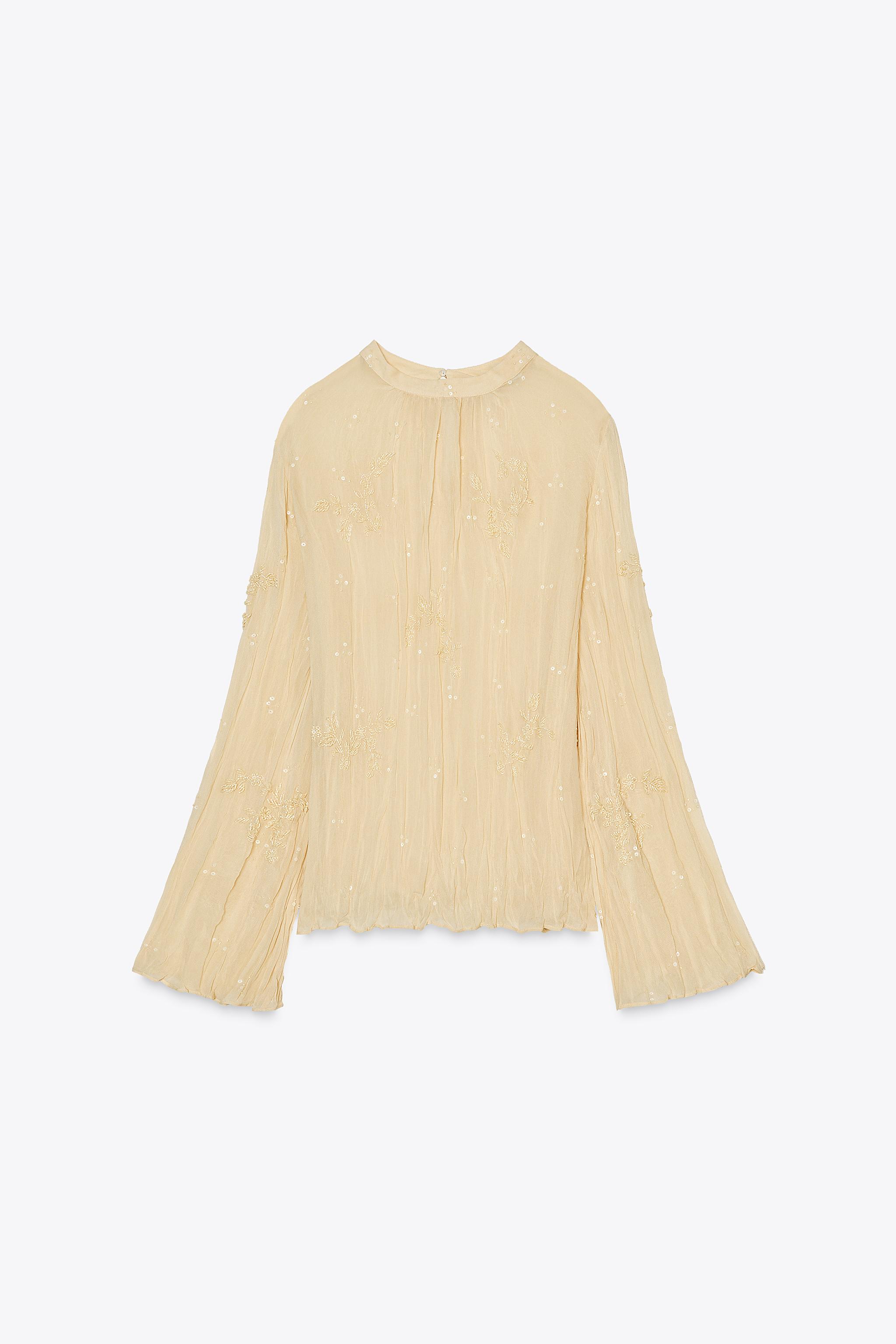 sara✩.*˚ ZW COLLECTION PLEATED EMBROIDERED SHIRT - Beige-pink | ZARA
