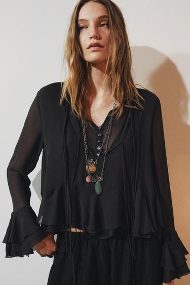 BLOUSE MET VOLANTS ZW COLLECTION - Donkergrijs van Zara