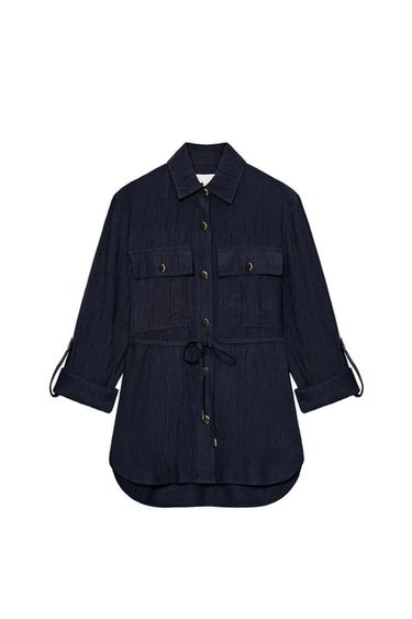 CREASED-EFFECT SAFARI SHIRT WITH BELT - Navy blue by Zara