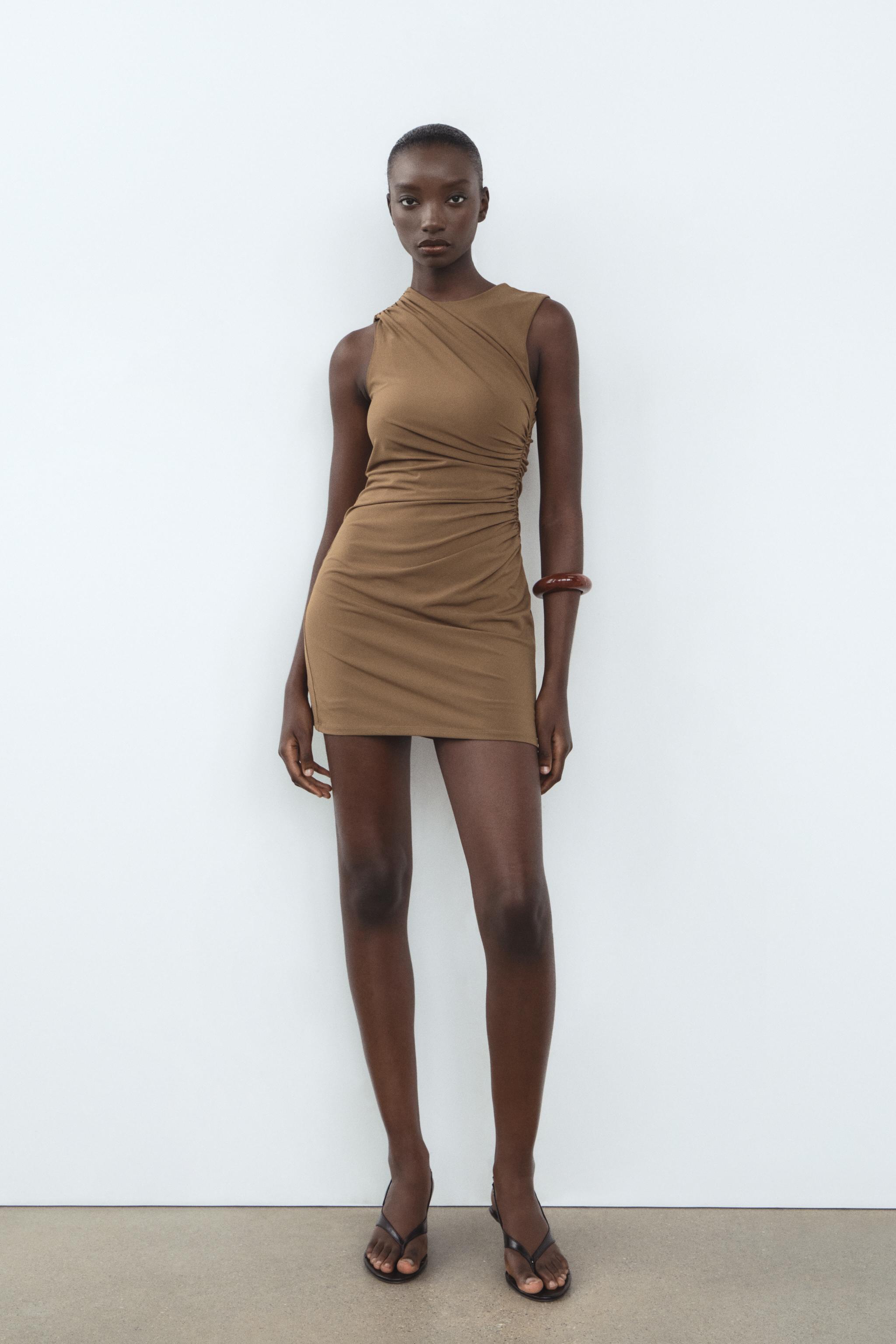 SHORT DRESS WITH RUCHING - Dark tan | ZARA United States