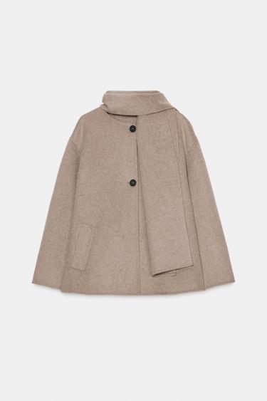 SHORT WOOL COAT WITH SCARF - Mink by Zara