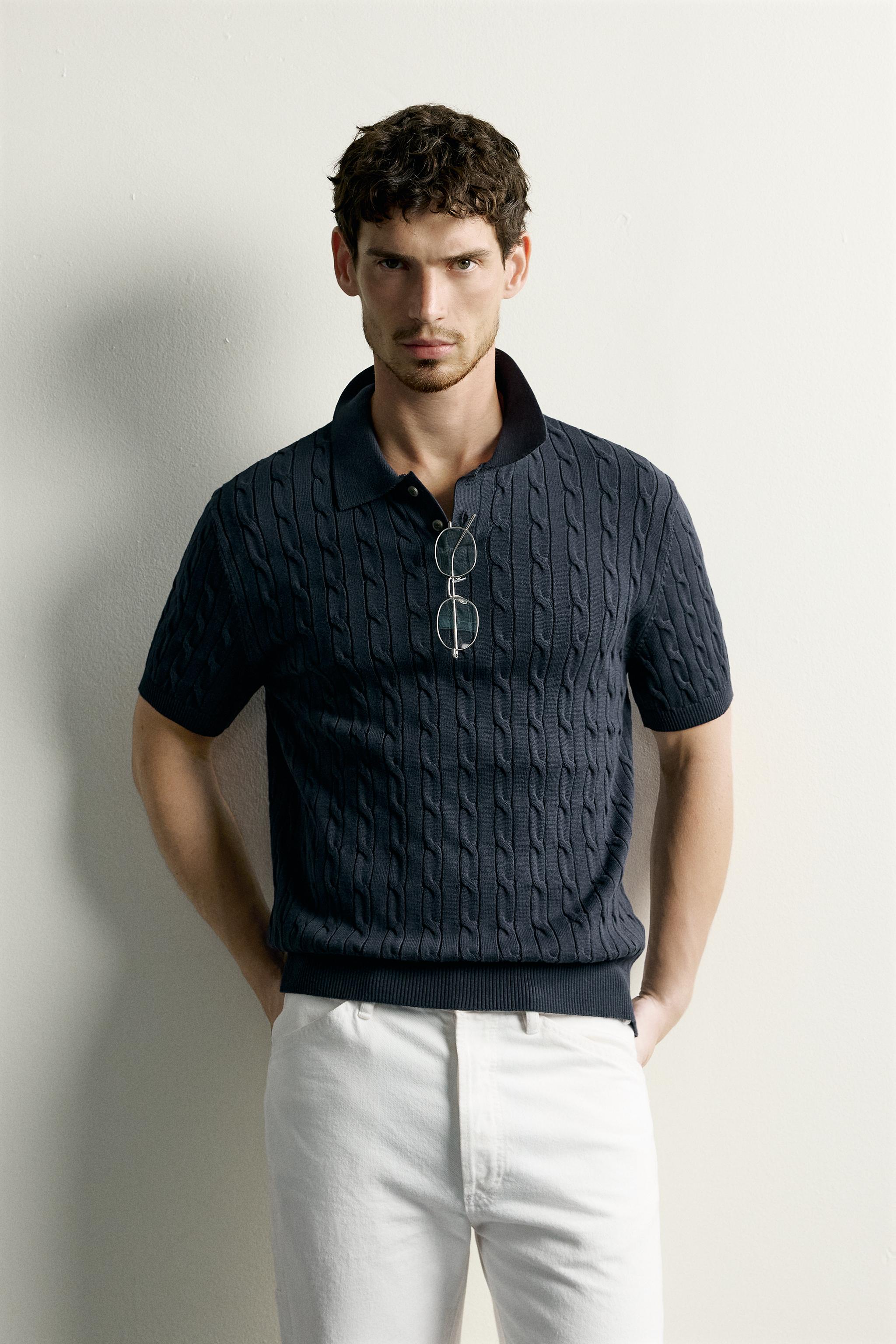 CABLE-KNIT POLO SHIRT — Navy blue