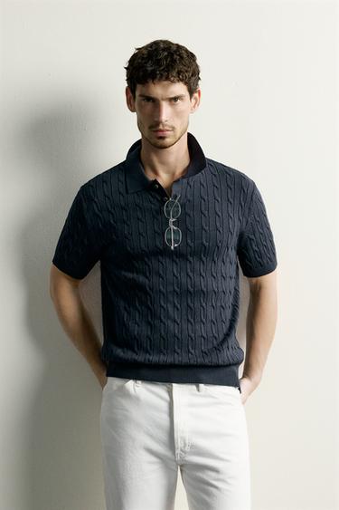CABLE-KNIT POLO SHIRT — Navy blue 2