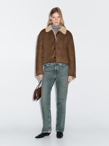 Zara Short leather jacket with lambskin - Dark mink