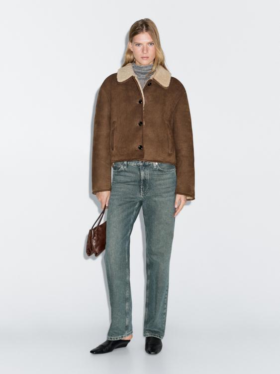 Short leather jacket with faux shearling