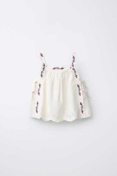 EMBROIDERED FLORAL TOP WITH COTTON AND LINEN - Ecru by Zara