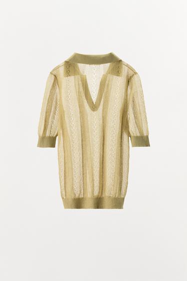 TOP POLO EN MAILLE AJOURÉE - Vert chiné de Zara - Image 3
