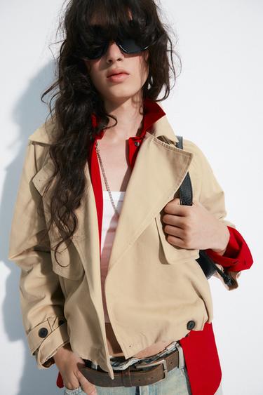 Zara SHORT BUBBLE-HEM TRENCH COAT - Straw