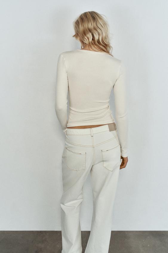 LONG SLEEVE HENLEY T-SHIRT - Ecru by Zara - Image 1