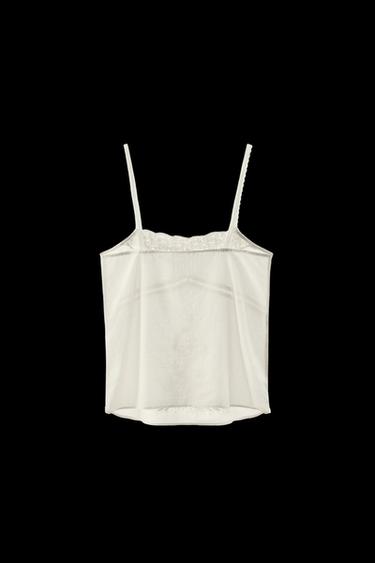 Zara EMBROIDERED BEADED STRAPPY TOP - Oyster-white