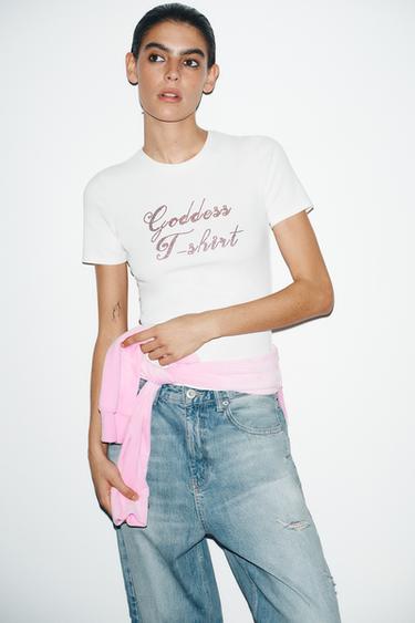 RHINESTONE SLOGAN T-SHIRT - White by Zara