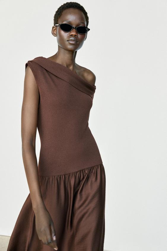 zara brown one shoulder dress One-shoulder midi dress - Dark brown