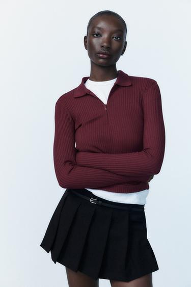 RIBBED POLO NECK T-SHIRT - Burgundy by Zara