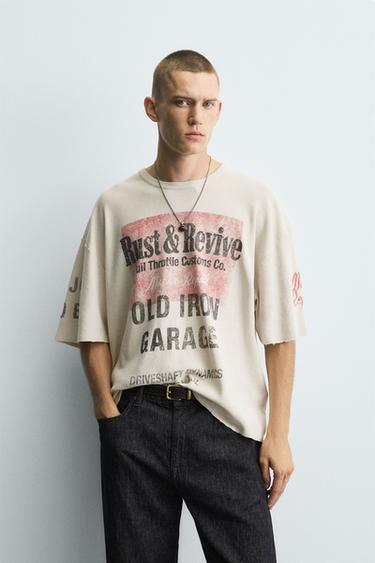 WASHED PRINTED KNIT T-SHIRT - Mid-ecru by Zara