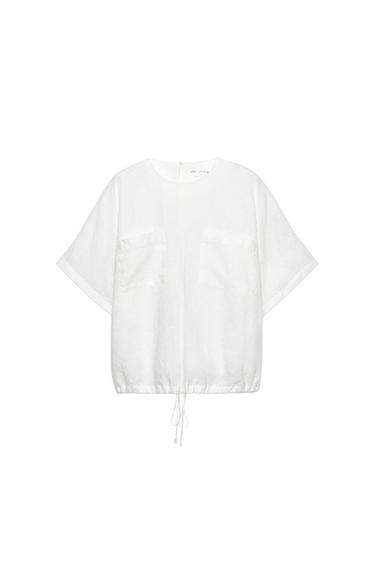 ZW COLLECTION 100% LINEN TOP WITH DRAWSTRINGS - White by Zara