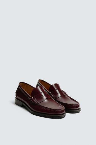 LEATHER PENNY LOAFERS - Burgundy Red by Zara