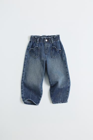 BAGGY JEANS MED HJERTE-LOMMER - mellemblå fra Zara
