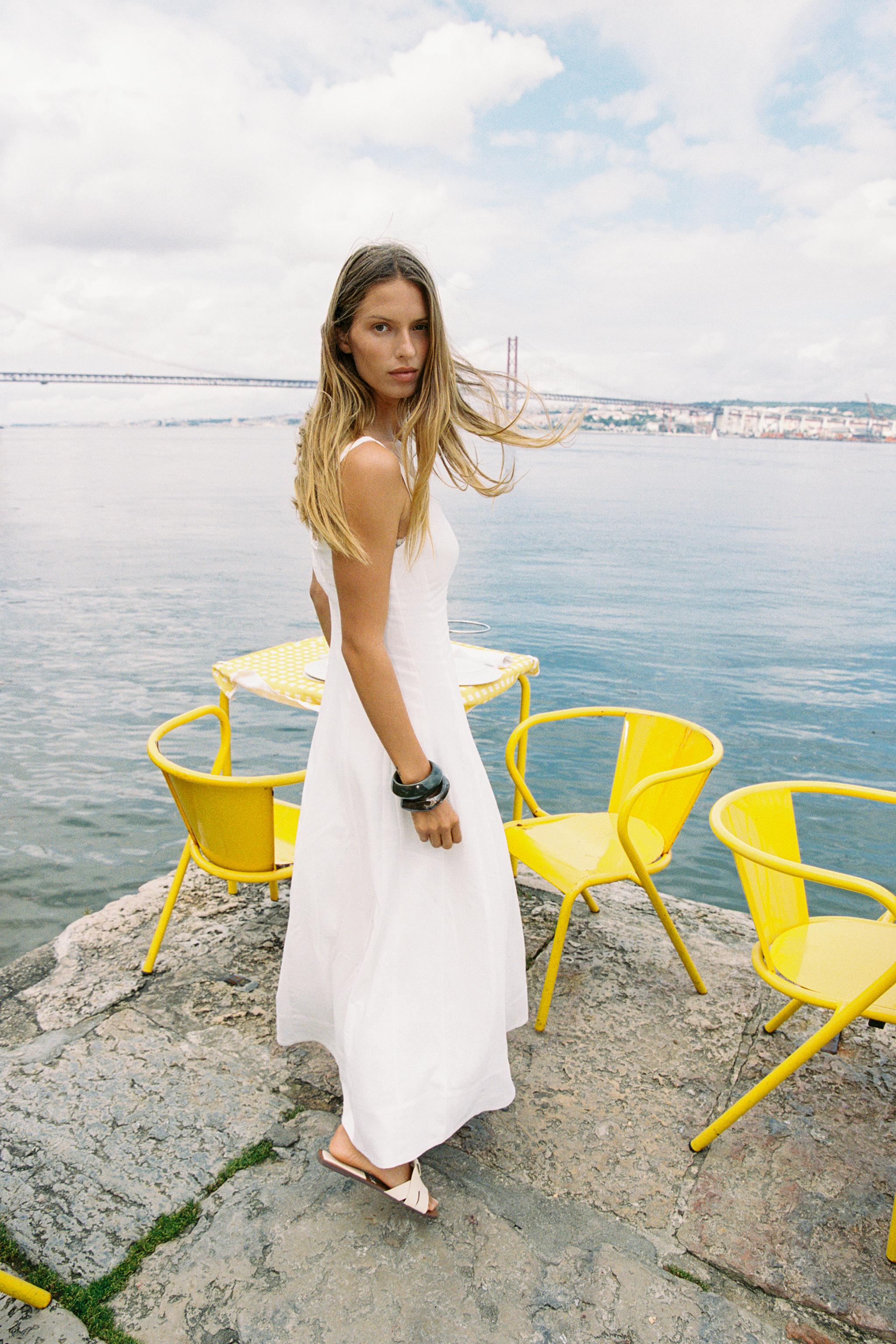 Lino Bianco Abito Lino Zara Vestito Chemisier Chemisier Estivo