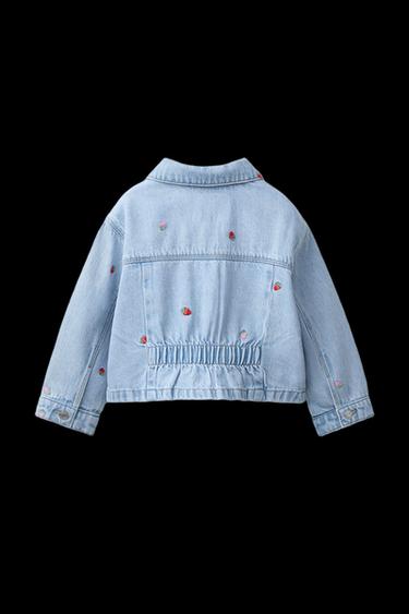 Zara EMBROIDERED STRAWBERRY DENIM JACKET - Light blue