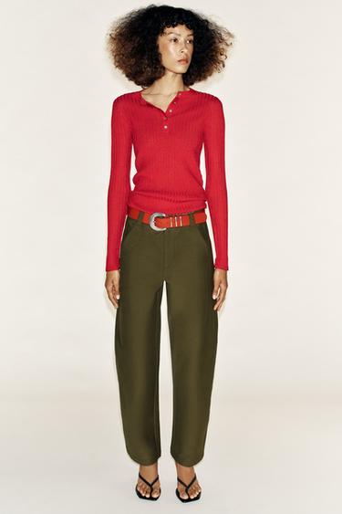 Zara 亨利領鈕扣 T 恤 - 紅色
